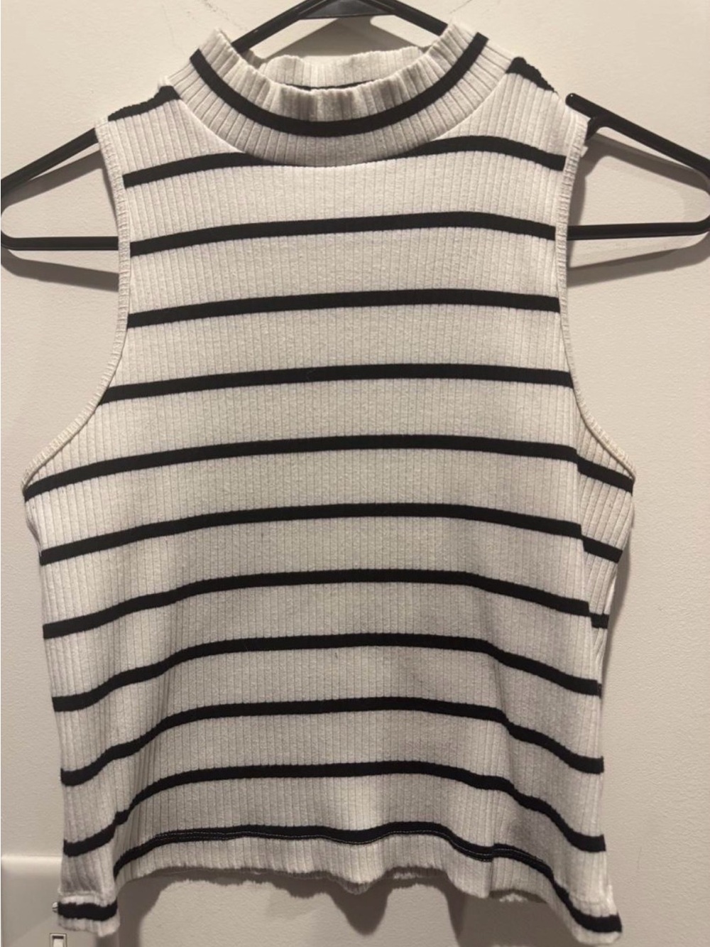 Old Navy White & Black Striped Ribbed Mock Neck Tank